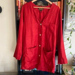 VINTAGE 100% LINEN Eddie Bauer Chore Coat Jacket Shacket Cherry Red! 🍒
